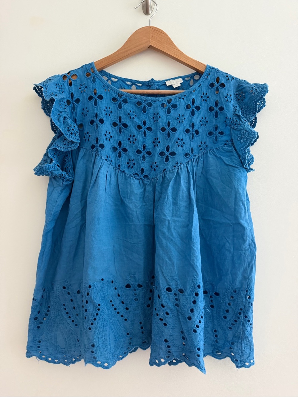 Jennifer & Grace Blue Eyelet Flutter Sleeve Top 100% Cotton Shirt Blouse W M